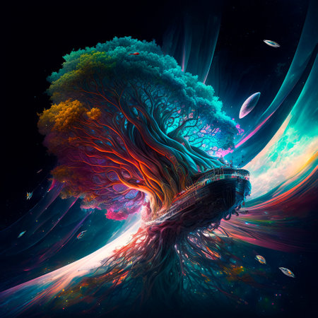 Magic colorful tree in space flying through space. high quality illustrationの素材