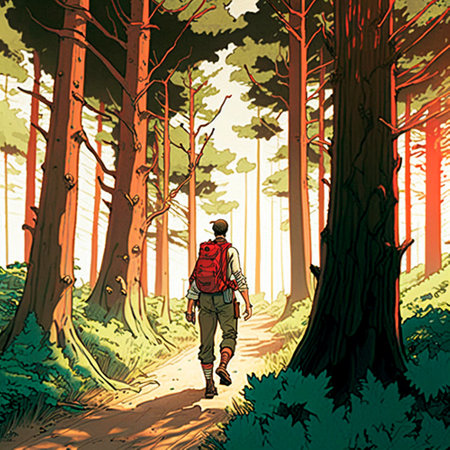 Illustration of a traveler walking in the forest. high quality illustrationの素材