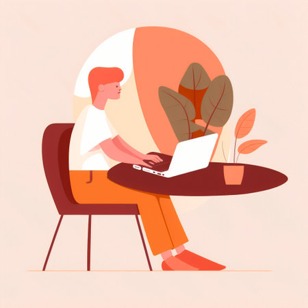 A simple illustration of a developer sitting at a laptop. high quality illustrationの素材