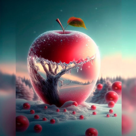 Illustration of a frosty red apple with various inlays inside it. high quality illustrationの素材