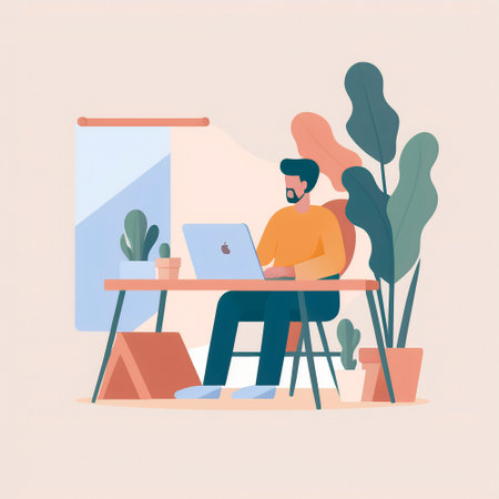 A simple illustration of a developer sitting at a laptop. high quality illustrationの素材