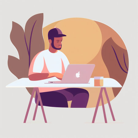 A simple illustration of a developer sitting at a laptop. high quality illustrationの素材