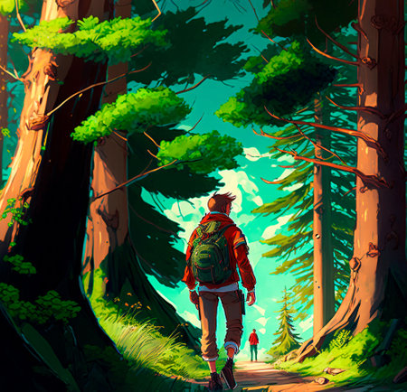 Illustration of a traveler walking in the forest. high quality illustrationの素材