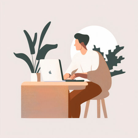 A simple illustration of a developer sitting at a laptop. high quality illustrationの素材