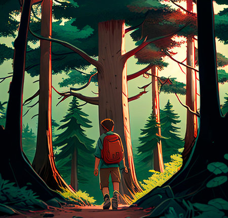 Illustration of a traveler walking in the forest. high quality illustrationの素材