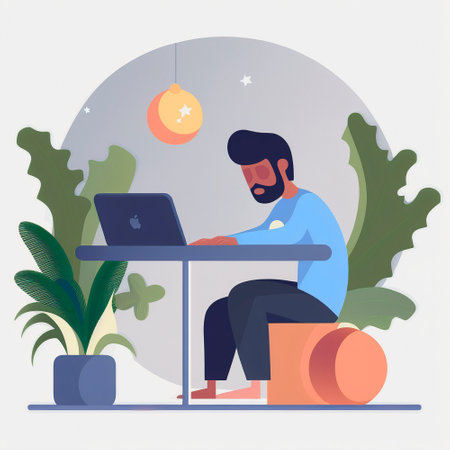 A simple illustration of a developer sitting at a laptop. high quality illustrationの素材