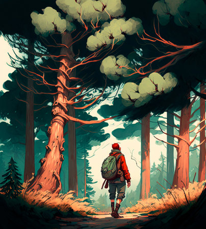 Illustration of a traveler walking in the forest. high quality illustrationの素材