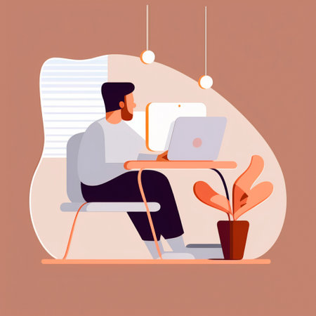 A simple illustration of a developer sitting at a laptop. high quality illustrationの素材