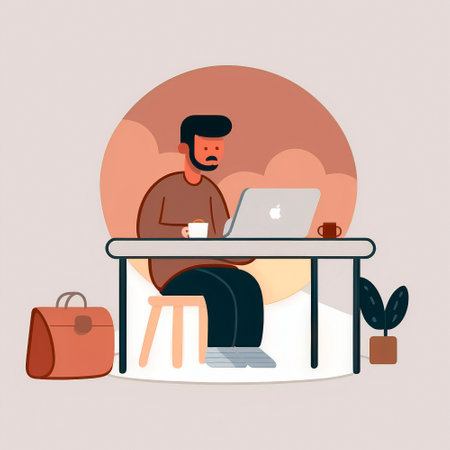 A simple illustration of a developer sitting at a laptop. high quality illustrationの素材