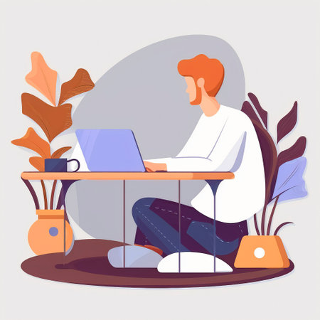 A simple illustration of a developer sitting at a laptop. high quality illustrationの素材