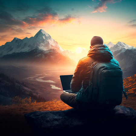 A traveler with a laptop sits on a mountain top and works, looking at a beautiful sunset. high quality illustrationの素材