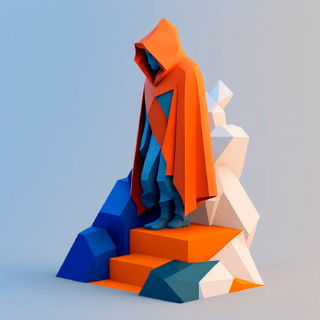 The figure of a man in an orange cloak descending the stairs, 3D mockup. high quality illustrationの素材