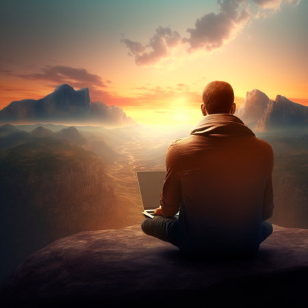 A traveler with a laptop sits on a mountain top and works, looking at a beautiful sunset. high quality illustrationの素材