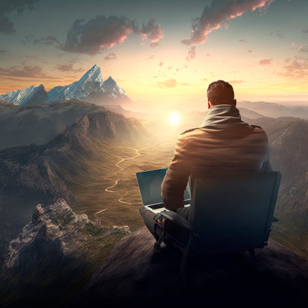 A traveler with a laptop sits on a mountain top and works, looking at a beautiful sunset. high quality illustrationの素材