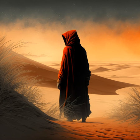 Arab in an orange cloak and hood in the desert. high quality illustrationの素材