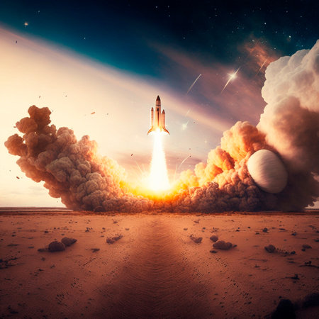 Cinematic rocket takeoff, panoramic view. high quality illustrationの素材