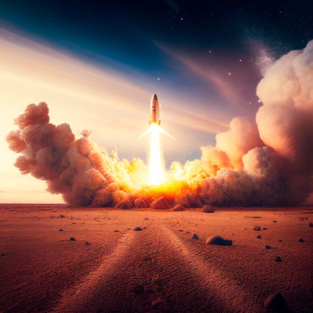 Cinematic rocket takeoff, panoramic view. high quality illustrationの素材
