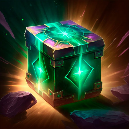 A beautiful and bright fantasy-style loot box. Box with items inside. high quality illustrationの素材