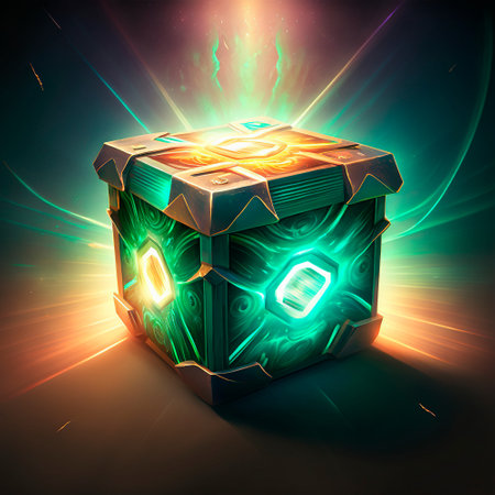 A beautiful and bright fantasy-style loot box. Box with items inside. high quality illustrationの素材