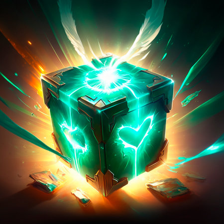 A beautiful and bright fantasy-style loot box. Box with items inside. high quality illustrationの素材