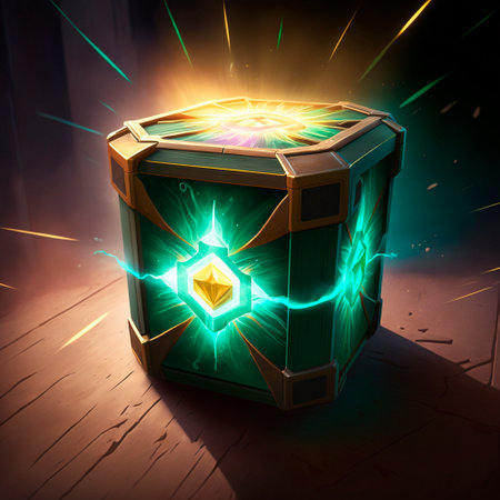 A beautiful and bright fantasy-style loot box. Box with items inside. high quality illustrationの素材