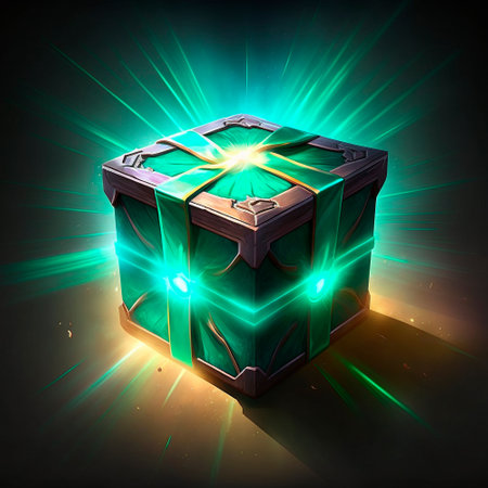 A beautiful and bright fantasy-style loot box. Box with items inside. high quality illustrationの素材