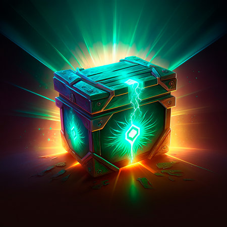 A beautiful and bright fantasy-style loot box. Box with items inside. high quality illustrationの素材