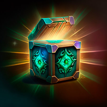 A beautiful and bright fantasy-style loot box. Box with items inside. high quality illustrationの素材