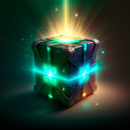 A beautiful and bright fantasy-style loot box. Box with items inside. high quality illustrationの素材