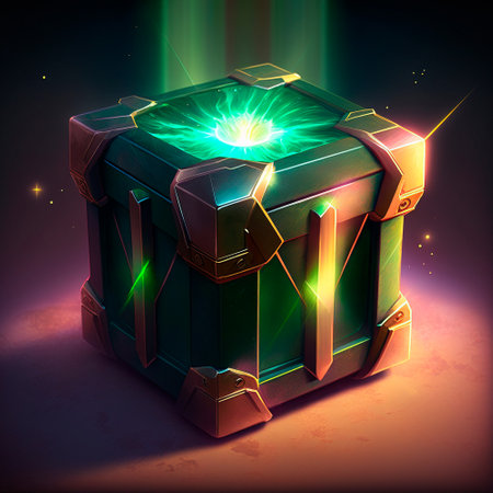 A beautiful and bright fantasy-style loot box. Box with items inside. high quality illustrationの素材