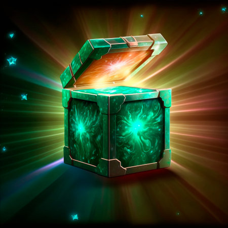 A beautiful and bright fantasy-style loot box. Box with items inside. high quality illustrationの素材