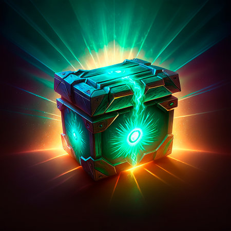 A beautiful and bright fantasy-style loot box. Box with items inside. high quality illustrationの素材