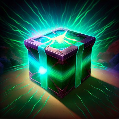 A beautiful and bright fantasy-style loot box. Box with items inside. high quality illustrationの素材