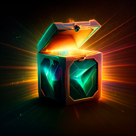 A beautiful and bright fantasy-style loot box. Box with items inside. high quality illustrationの素材
