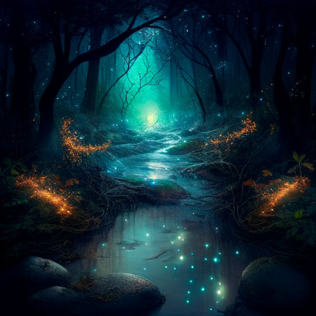 Mysterious mystical forest illuminated by fireflies. high quality illustrationの素材