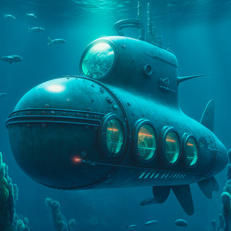 technological submarine, nautilus in the water column, 3D image. high quality illustrationの素材