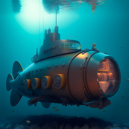 technological submarine, nautilus in the water column, 3D image. high quality illustrationの素材