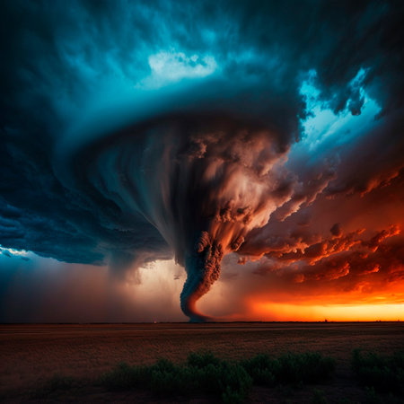 A great and huge tornado spawned in the field. Dramatic and strong cinematic image. high quality illustrationの素材