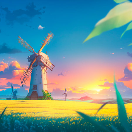 Mills in the fields, anime style. high quality illustrationの素材