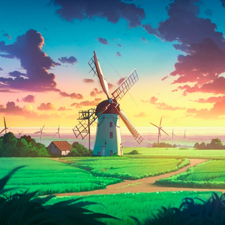 Mills in the fields, anime style. high quality illustrationの素材