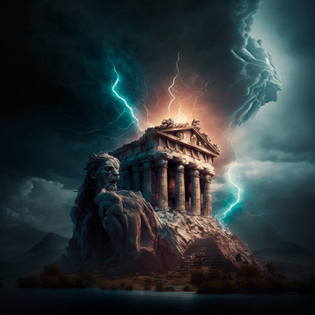 The collapsing Roman pantheon during a thunderstorm and falling lightning. dramatic moment. high quality illustrationの素材