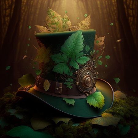 Hat with green and orange leaves in Irish style. high quality illustrationの素材