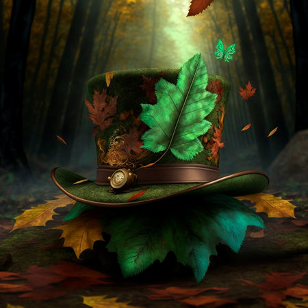 Hat with green and orange leaves in Irish style. high quality illustrationの素材