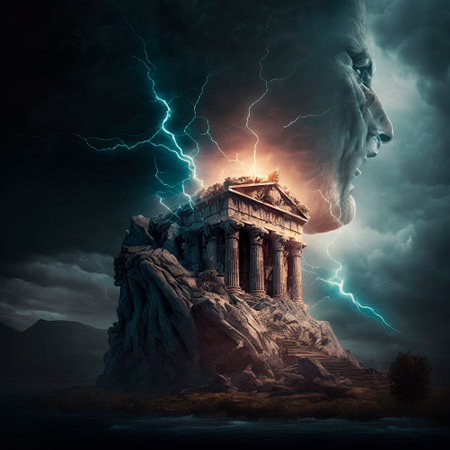 The collapsing Roman pantheon during a thunderstorm and falling lightning. dramatic moment. high quality illustrationの素材