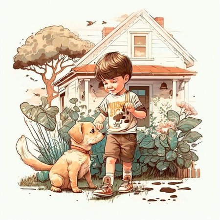 Illustration of a boy playing with a puppy. high quality illustrationの素材
