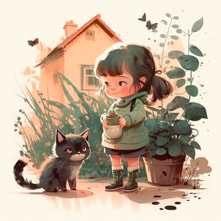 Illustration of a girl playing with a cat. high quality illustrationの素材