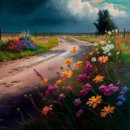 wild flowers next to the road. high quality illustrationの素材