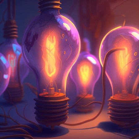 Close-up image of glowing light bulbs. high quality illustrationの素材