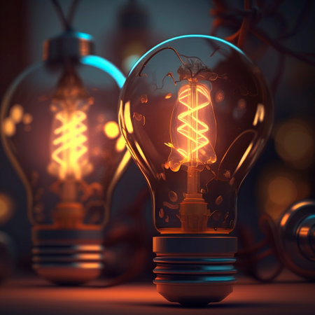 Close-up image of glowing light bulbs. high quality illustrationの素材
