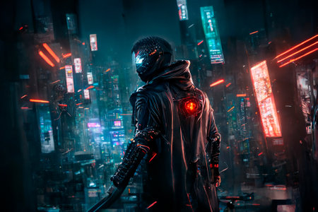 Cyber Ninja in the city of the future. high quality illustrationの素材